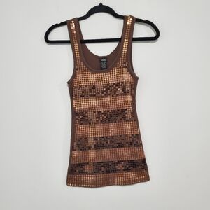 Y2K Brown Sequin Ribbed Cotton Tank Top / Cami Size Small